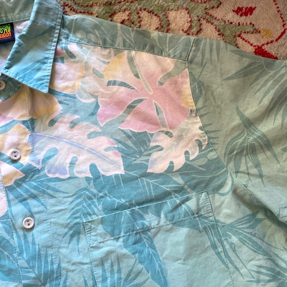 Men's Vintage Hawaiian Shirt Size Large Blue Pink Floral Aloha Palm Hibiscus 90s - Picture 5 of 7